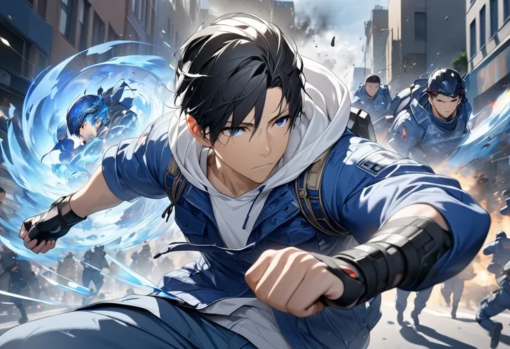 (masterpiece,  best quality:1.2), dark haired young man"Asuka" , clothing: Wearing a white hoodie, blue jacket, jeans, and fingerless driver gloves , Wears a Sacred Blue Aura All Over (( Double Exposure :1.2)) , Alone,  Defeated Soldiers Are Falling Down i...