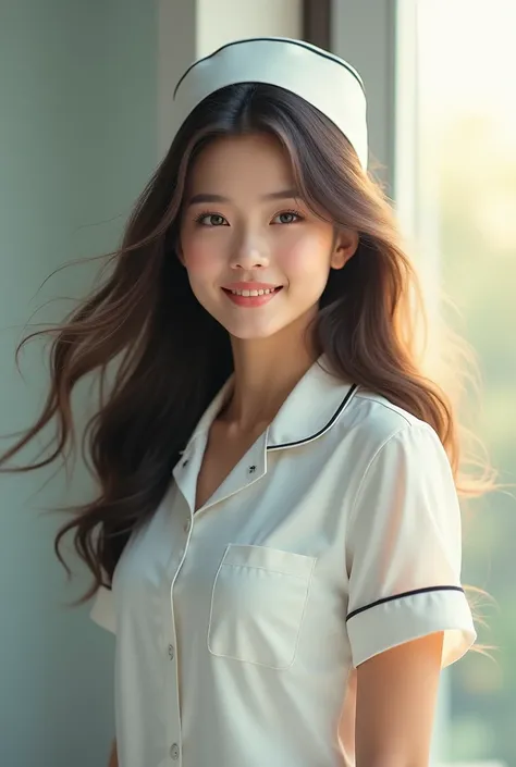 beautiful woman wearing a nurses uniform with flowing hair