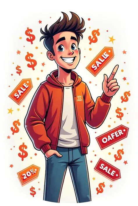  Create an image to use on Instagram skin and the skin is from THE KING OF OFFERS,  the image has to be a 27-year-old boy attractive ,  dynamic and fun cartoon style and it has to have everything related to the name of the Instagram account THE KING OF OFF...