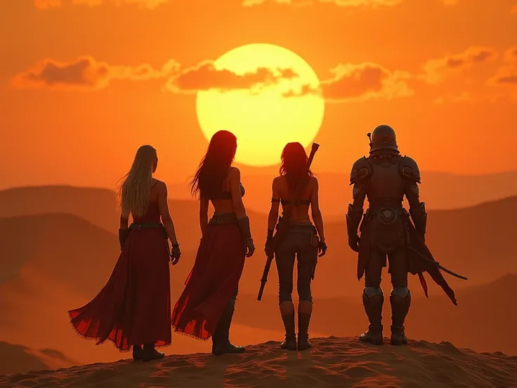 The final scene shows the warriors standing together, looking out over the desert as the sun finally sets. Their silhouettes are outlined against the fiery sky, their expressions a mix of relief and unbreakable spirit. The sands shimmer in the fading light...