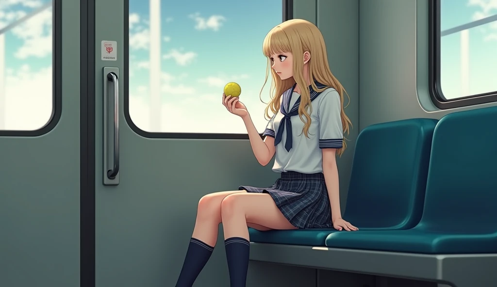  one girl，(Very pretty high school girl:1.3)，masterpiece， best quality， high definition ，((( photorealistic)))， RAW Photos， ray tracing ， physically-based rendering， Beautiful Girl，(Age 15:1.4)， Beautiful Girl，(detailed pupils:1.2)，( sit on a train seat:1....