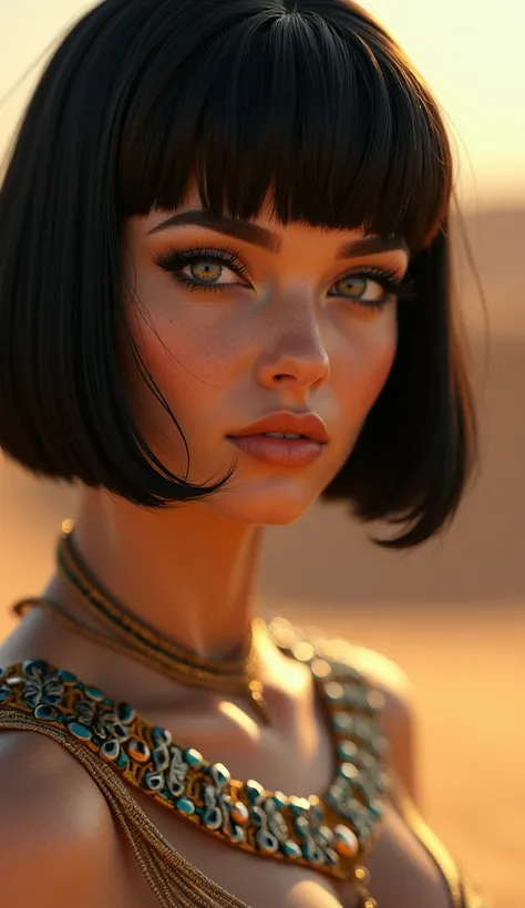   Portrait of Cleopatras Natural Skin, short, rich black hair ,  Sharp Eyes and Blue Shadows , thin, Upturned nose, Well-formed lips,  Hourglass Shaped Body , Typical attire,  MAKEUP ,  Intricate and Extremely Detailed  ,  lively, amazing, Elegant,  Movie-...