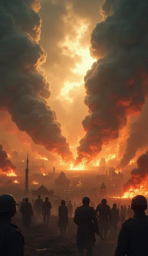 "Depict a chaotic scene with powerful leaders rising, wars, and widespread destruction. Include elements like burning cities, military forces, and a dark, ominous sky. This image should capture the essence of the tribulation described in the book of Daniel...