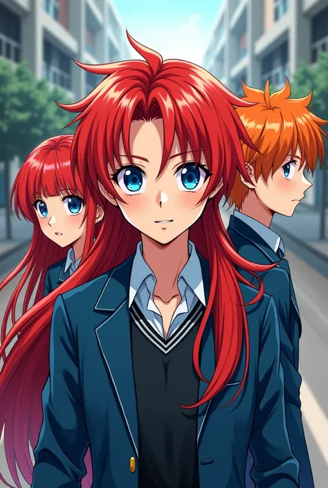 a manga cover chapter where its writing chapter 1,there a 5 character:-1 A  boy with long red hair and dark blue eyes  and highschool outfit-2 A  girl red hair and dark blue eyes
3-A  boy orange hair blue eyes 
