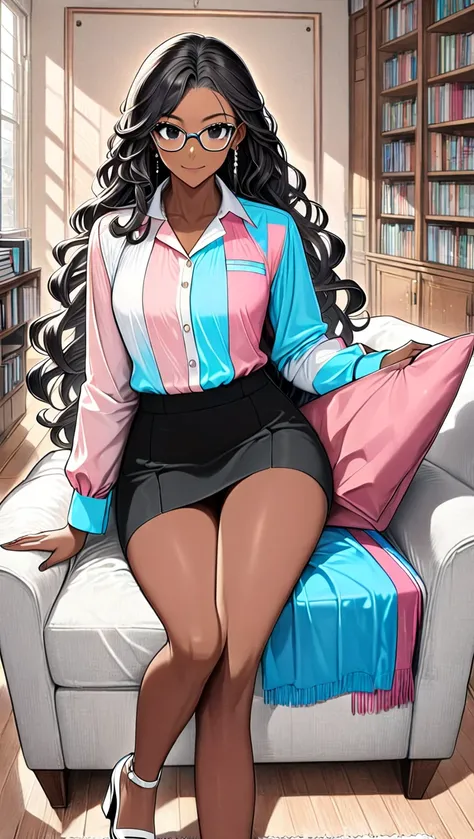 (((Adult trans woman)): formal suit, mini skirt, ((Trans flag colors blouse)), short arm blouse, black eyes, ((brown skin)), dark skin, showing the whole body, ((black hair, long wavy hair)),(High heel white sandals). Closed mouth)); full body shot, cute s...