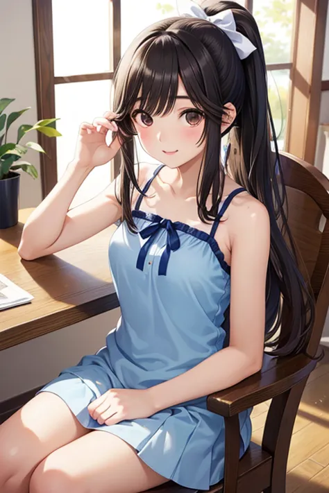 takane manaka、 shiny brown long hair、 ribbon ponytail,、 beautiful brown eyed middle school students 、smile、sparkling eyes, (fine...