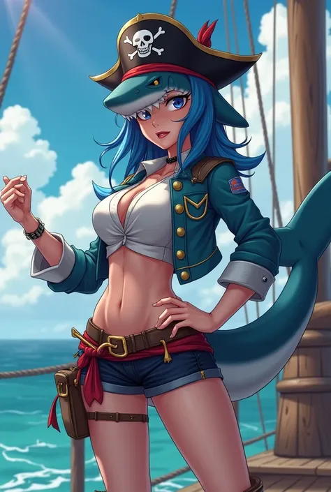 Anthro shark pirate girl anime style full body mostly shark no human humanoid no hair