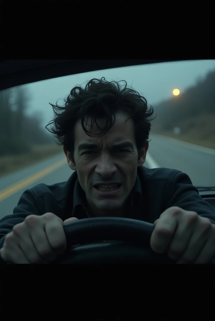 a dark-haired man begins to despair while driving a car running away from the police