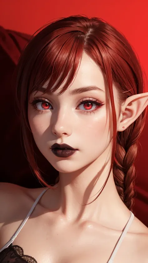 RAW, professional photograph, medium shot, photorealistic, hyper-realistic, ray tracing, super detail, UHD, 8k, female elf, twenty years old, athletic body, soft facial features, neon red hair, long hair, braided hair, red eyes, black lipstick, white linge...