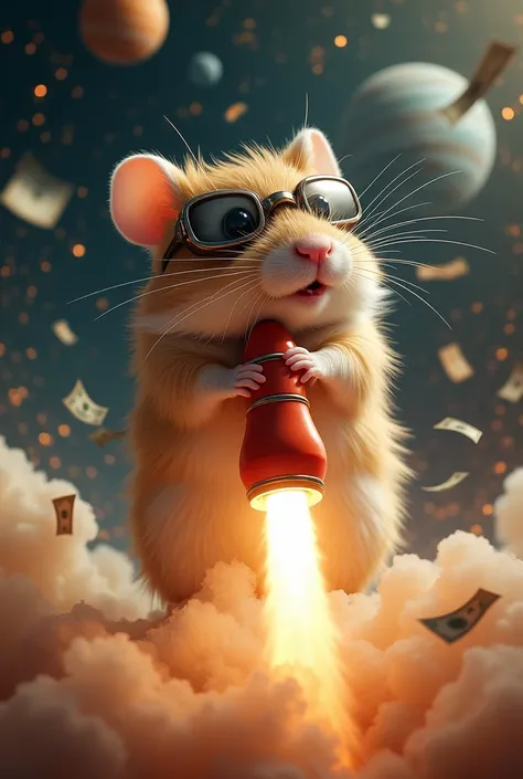 A realistic hamster mid-action, gripping onto a miniature rocket as it blasts into the sky. The hamster’s fur is windblown, and it wears a tiny helmet with goggles tilted slightly to the side. The background is chaotic, with fireworks, money flying in all ...