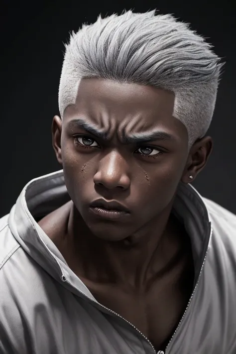 Young boy with smooth gray hair falling down the sides. black skin. gray eyes. angry face.