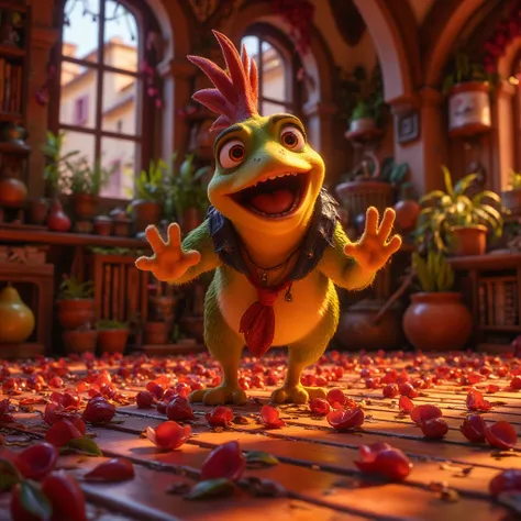 pepe the frog, Super detailed,  super real ,  3D rendering , chicken dance dynamic lighting,  Dramatic Shadows,  bright color , Complex texture,  cinematic composition , masterpiece, Realistic, 8k,  best quality