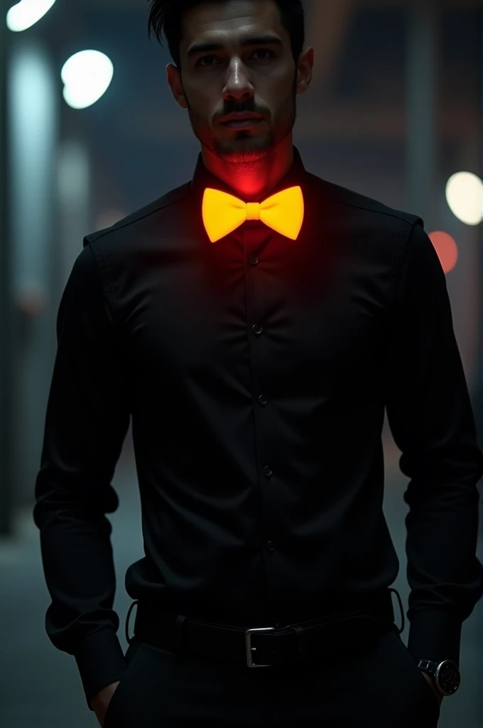 Mens black shirt with phosphorescent orange bow 