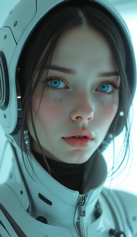 cyborg style, 1girl, blue eyes, solo, looking at viewer, portrait, cable, lips, science fiction, cyberpunk, eyelashes, ultra hd,3d