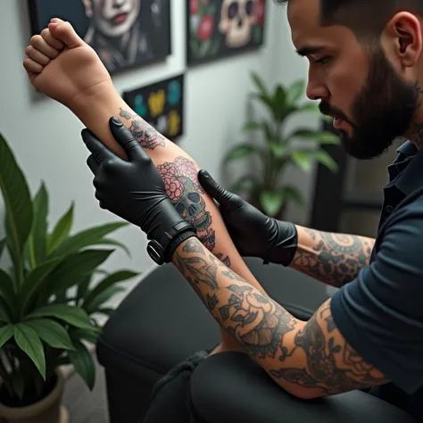 The tattoo artist man has nothing in his hand, he just shows the tattoo with his hand,(The tattoo artist man has nothing in his hand, he just shows the tattoo with his hand),The men has a tattoo of the "blue skull" on his leg, there is only the arm and the...