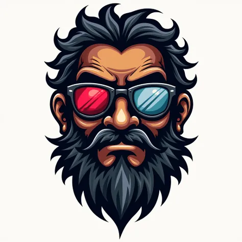 Chango face with sunglasses, bigote y barba, one red lens and one blue lens , for logo
