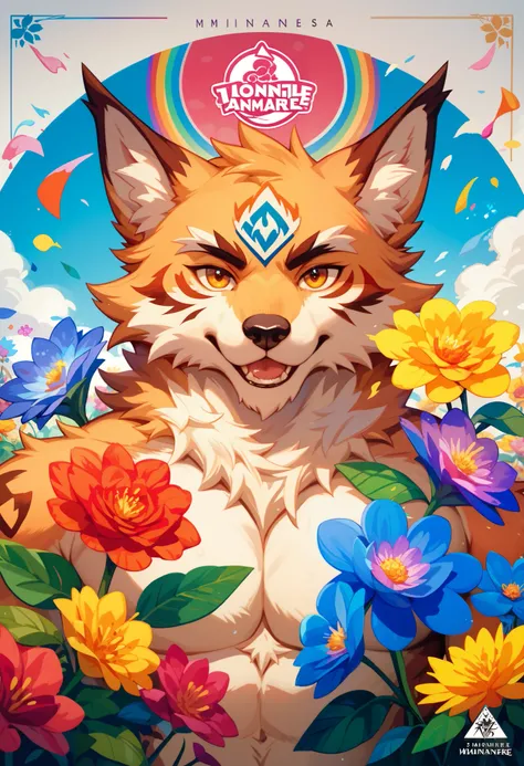 top quality, best quality, poster, rzminjourney, vector-art, High-quality illustrations by Alfons Mucha, masterpiece(kemono, furry anthro)logo mark, round, colorful ink splash flower,