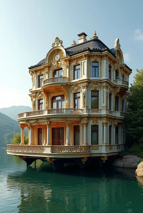 Luxury two-story baroque residential house on a gondola boat ashore 
