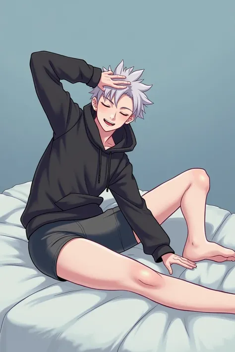 
"Generate an illustration of Sammy, the femboy stepbrother, stretching out like a cat on the bed. He should be wearing his signature black hoodie and gray panties. The background should be a soft blue color with subtle texture to resemble bedding. Sammys ...