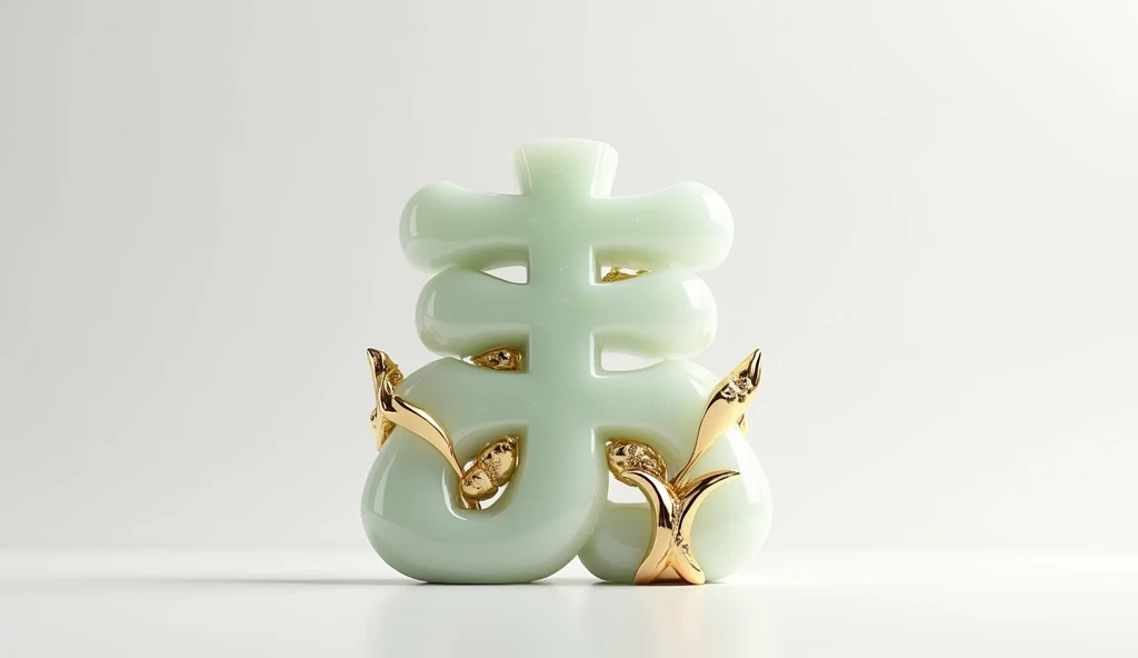 A text  name " SER" of a Chinese character made of jade and gold. The jade character has a smooth, translucent body with intricate golden accents and embellishments. The jade is pure white and emits a soft inner glow. The gold elements are polished and hig...