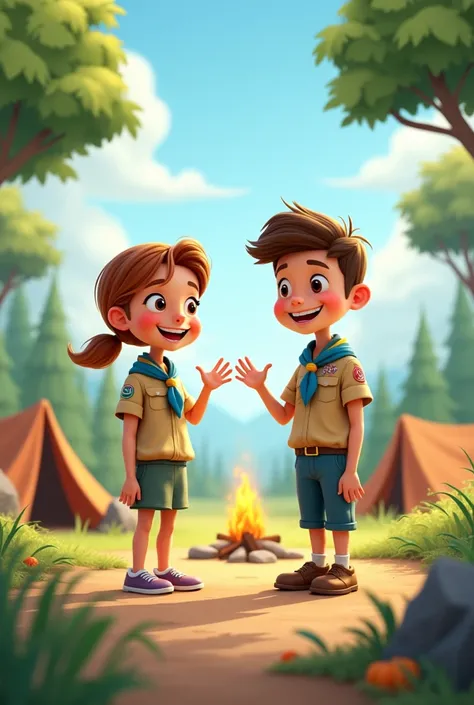  Create a full-body image at a distance away from a Boy Scout and Girl Scout, Both adults Cartoon, features wearing a blue handkerchief with yellow stripes around their necks and both giving a greeting, leaving a space from the middle to the top and being ...