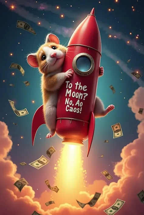 "A realistic and detailed depiction of a humorous hamster holding a red rocket with fiery exhaust, flying upwards. The hamster wears a small space helmet with a confident, sarcastic expression, suggesting dominance and humor. The background features a vibr...