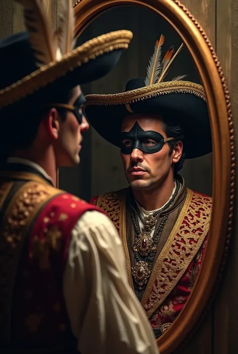 16th century wealthy spanish conquistador wearing 16tj century California native Indian feathers, looking at himself in the mirror and his reflection is wearing a black mask covering his eyes like a zorro vigilante 