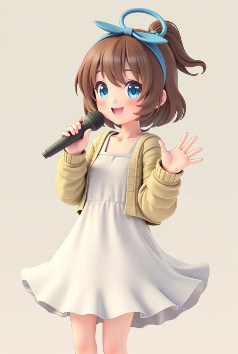 3d anime she holds a microphone in the has she has brown hair with blue eyes she is wearing a white dress with stick shoes she is wearing a blue hair hoop she is wearing a knitted jacket