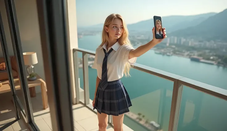  one girl，(Very pretty high school girl:1.3)，masterpiece， best quality， high definition ，((( photorealistic)))， RAW Photos， ray tracing ， physically-based rendering， Beautiful Girl，(Age 15:1.4)， Beautiful Girl，(detailed pupils:1.2)，(Standing on the balcony...