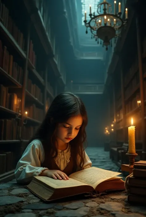 Old library in a Romanian castle with a young girl reading a mysterious book 