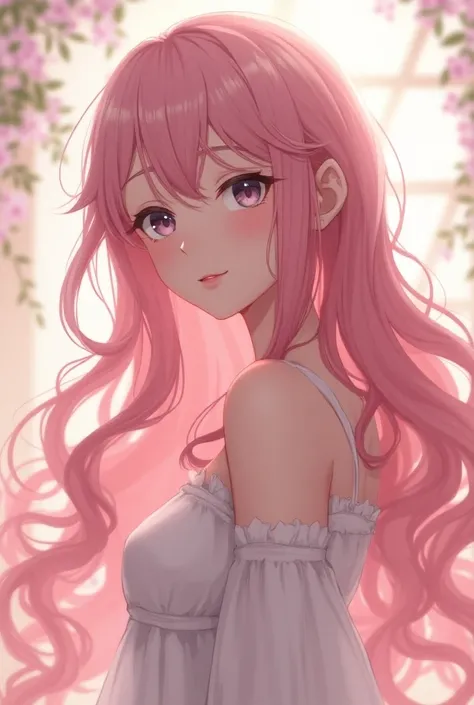 Anime girl with pink long curly hair, delicate appearance. Almond-shaped eyes with long lashes. 