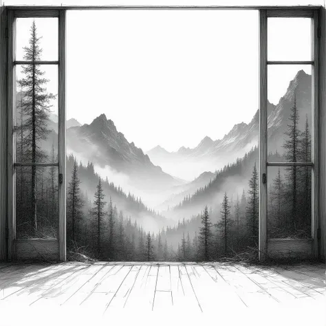 black and white, line art drawing, pencil sketch, low details. imagine that you live in Alaska in the house. Create a view from the window on the mountains, forest, sky, sun, clouds, nature