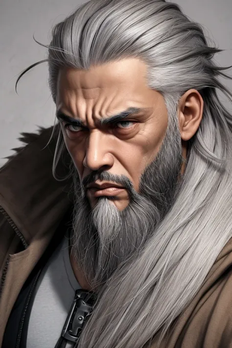  teenager, Straight gray hair like a cuia ,  short gray goatee style beard. light brown skin. gray eyes. angry face