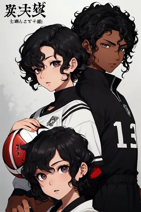 Boy with very short curly black hair who wears a football shirt and who is in a school that has dark eyes and brown skin and a girl with white skin with very curly black hair with dark eyes has a cover for a Japanese manga with those 2 characters 