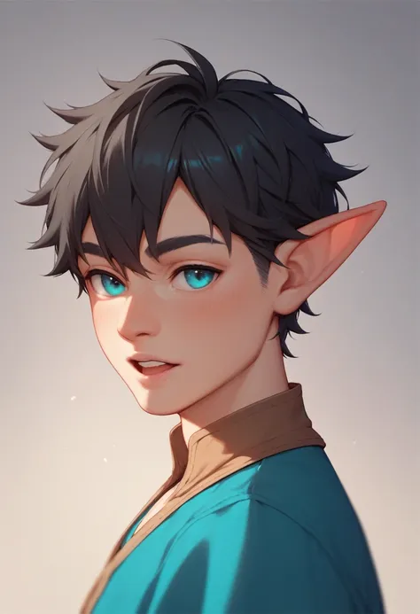 A male young adult with black hair, cyan eyes and elf ears wearing a medieval villager wear on a dark background