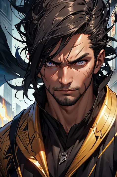 he is an intiidating assassin. his hair is short nad black. his eyes are red and glowing. he wears a black and golden robes and has a powerful demeanor. he has a black aura and in a city background. his face is very masculine and he has a solemn expression...