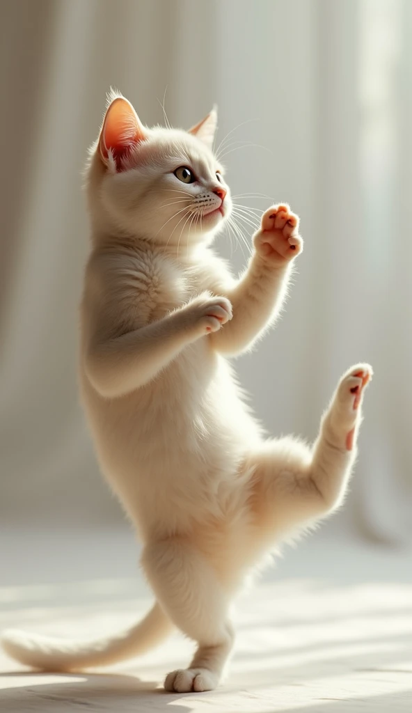 showing a beautiful cat with soft fur, dancing with her body in a tengkureb position, both hands supporting the floor and both legs raised