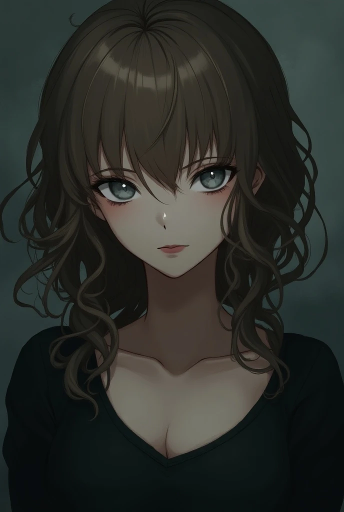 Make an anime girl profile picture with wavy light brown hair, heart shaped face, blue/grey eyes longer hair grunge aesthetic vamp
