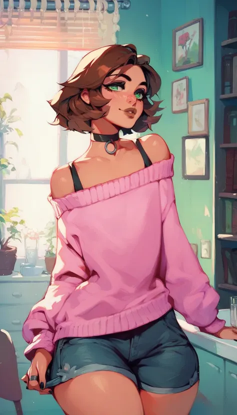 Femboy, short, brown hair, shoulder lenght hair, Black eyeliner, Green eyes, brown lips, choker, black nail polsh, silver ring, cute, wide hips, big bubble but, wearing oversized pink sweater, wearing pantys, inside caffe.