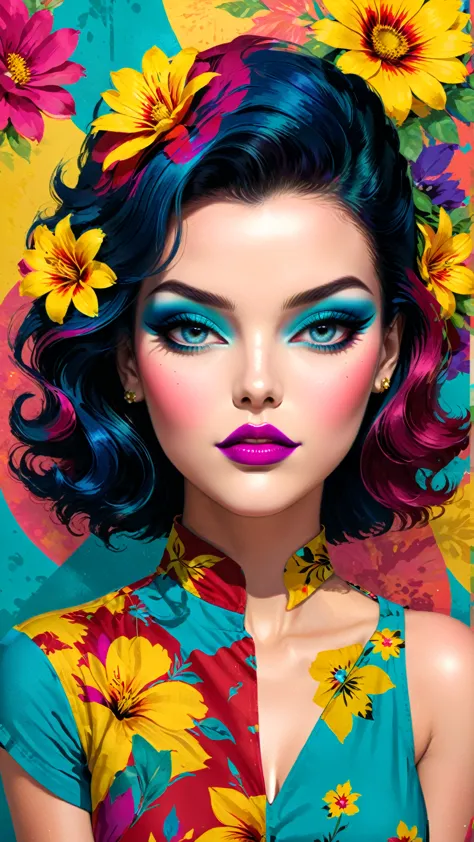 create pop art-style digital artwork, vibrant and confident woman featuring bold makeup and colorful fashion, movie color scheme...