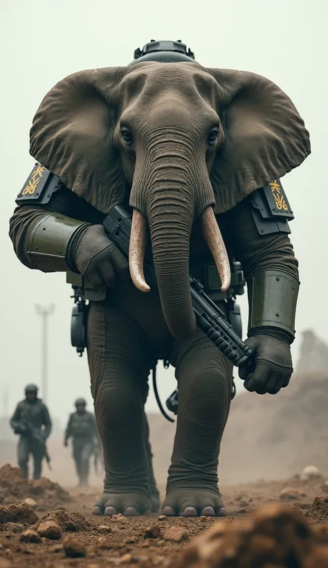 " Image of a giant elephant with military armor , standing, in a battle stance.  The elephant holds a heavy machine gun with its trunk ,  as if it were part of an elite troop .  Its body has a coating of combat armor ,  with camouflage details and badges o...