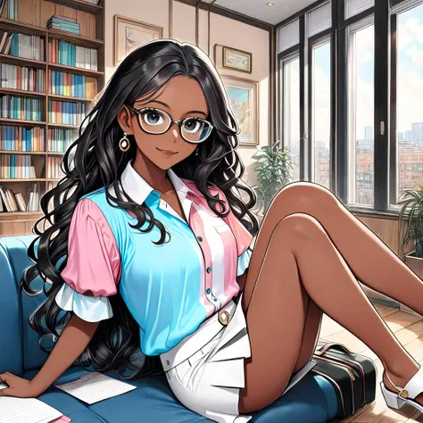 (((Adult trans woman)): formal suit, mini skirt, ((Trans flag colors blouse)), short arm blouse, black eyes, ((brown skin)), dark skin, showing the whole body, ((black hair, long wavy hair)),(High heel white sandals). Closed mouth)); full body shot, cute s...