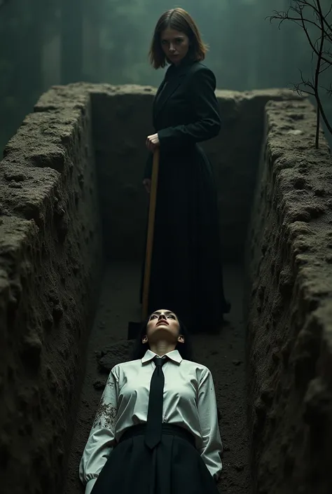 A dead woman wearing a white shirt and black tie and skirt lies at the bottom of a hole.. Another woman from outside the hole throws dirt over his shirt with a shovel. 