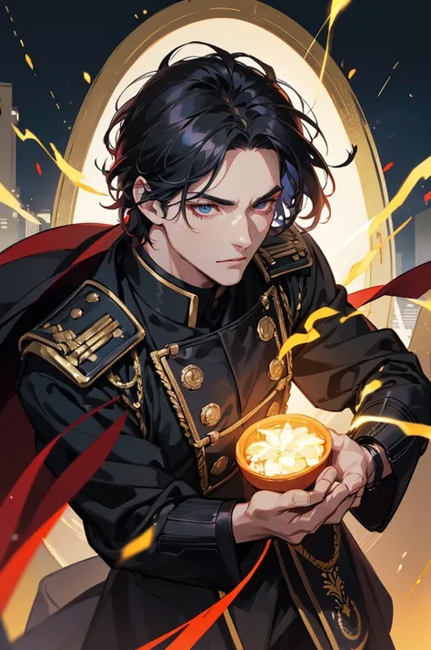 he is commander of police force. his hair is short and black. his eyes are red and glowing. he wears a black and golden robes and has a powerful demeanor. he has a black aura and in a city background. his face is very masculine. Surrealism, Color Field pai...