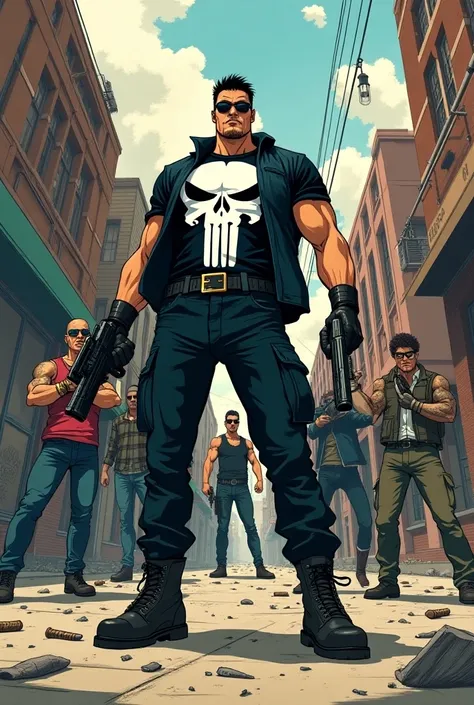 Play Marvels Punisher in  "anime"   2d classic coast outfit looking at outlaws shooting with a machine gun in each hand at them