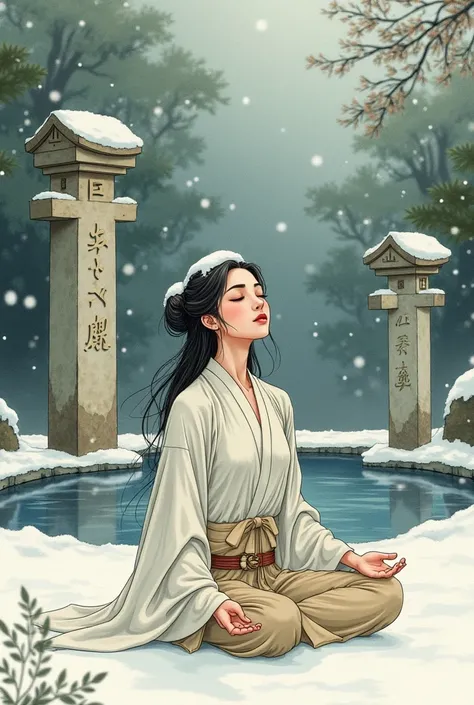 An art nouveau style watercolor image of a slender japanese Woman. She is sitting in the snow by a hot spring. Meditating with closed eyes. Her head and shoulders are covered in snow. Around her are carved stone steles. A watercolor comic image with detail...