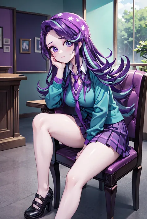 mlpglimmer, colored skin, streaked hair, purple eyes, purple blazer, turquoise blouse, purple necktie, purple  skirt, big breasts,sitting on a chair with legs crossed
