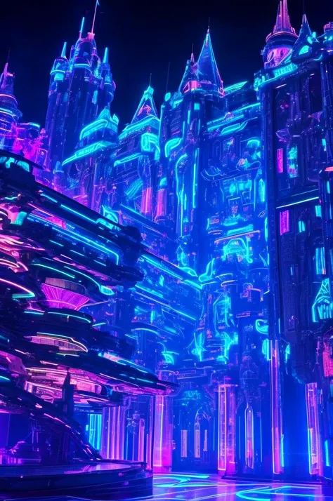  Please write an abstract futuristic castle decorated with neon lights and translucent colored glass、It creates a futuristic atmosphere 。