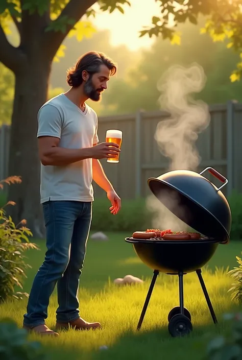 A man with wavy hair barbecuing in his backyard while drinking a beer 
