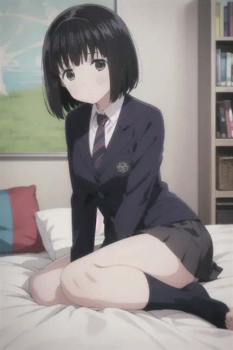 alone,  1 girl,  viewers, 2d, anime, anime coloring,  black hair、whole body, (health room:1.3、bet), kogma, navy blazer, tie,  mi...